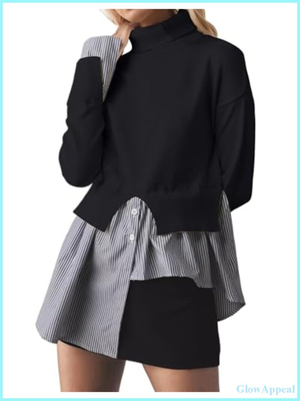 Slit Turtleneck Patchwork Sweater 2 in 1 Buttons Down Pullover Knit